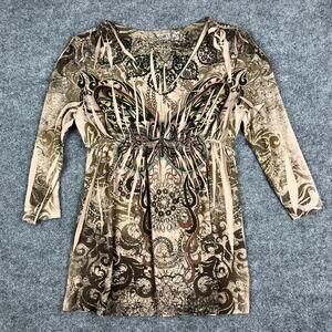 Women's Dress Size M Beige Brown Boho Butterfly Graphic 3/4 Sleeve Tunic Top
